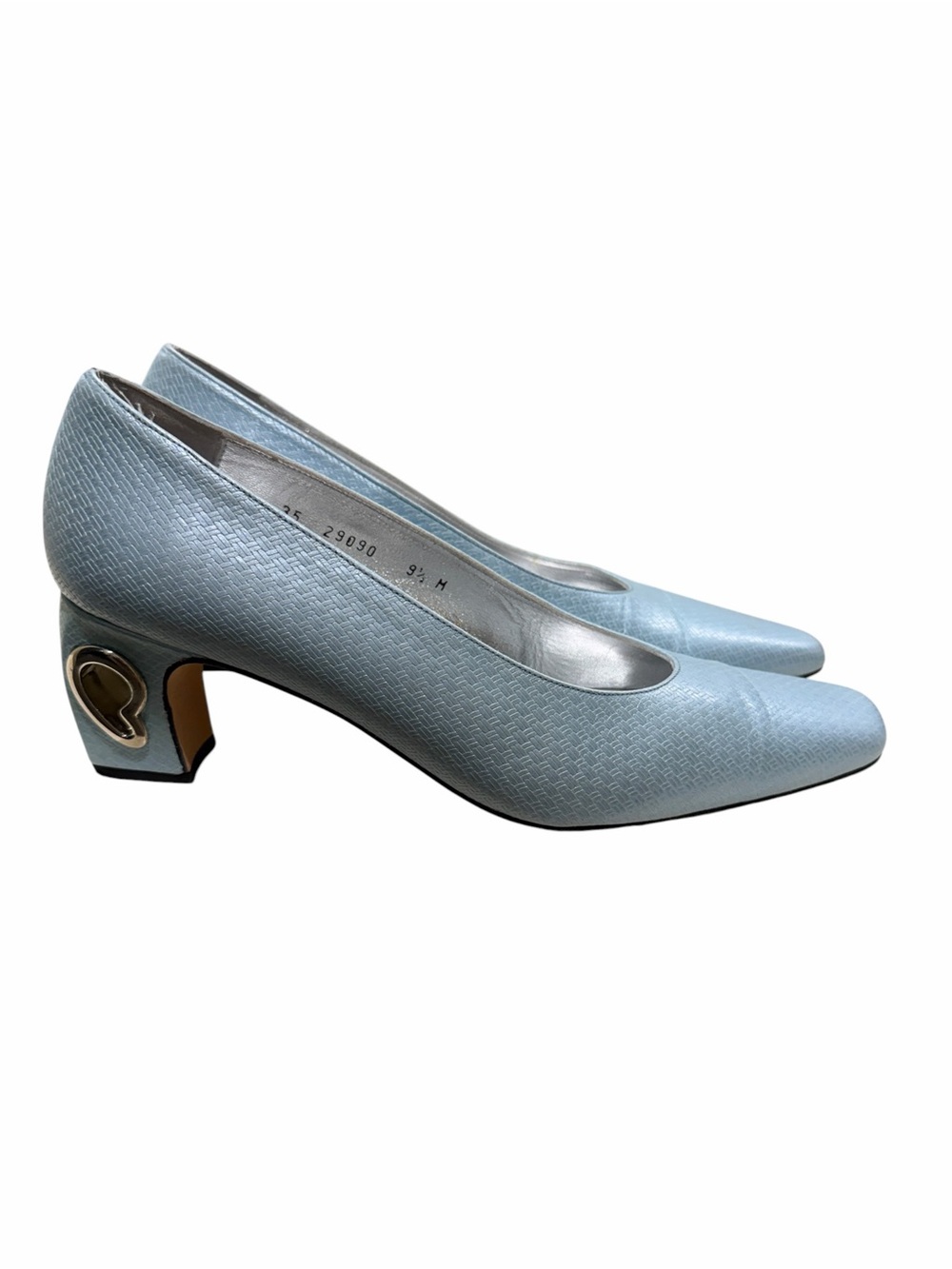 Vintage Baby Blue Heart-Accent Mid Heel Pumps 9.5 Sculptural OOAK 90s Sleek Glam
